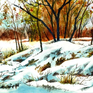 Winter Field Watercolor Art Print: Signed Matted Snow Scene