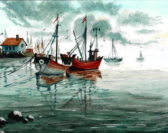 Old Boats In The Harbor, Fishing Boats, Boats At Sea, Anchored Boats, Ocean Art, Fishing Boat Art, Boat Wall Decor