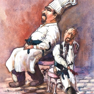 Chef and Waiter with Cats Watercolor Art Print