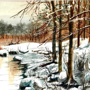 Signed Winter Snow Watercolor Painting: Snowy Field Art Print