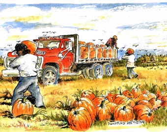 Harvesting Pumpkins, Pumpkin Art,Pumpkin Wall Decor, Farm Wall Decor, Pumpkin Art Print, Ripe Pumpkins, Picking Pumpkins, Gathering Pumpkins