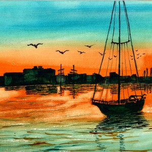 Harbor Sunset Art Print: Signed Boat Watercolor Painting