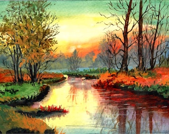 Signed Autumn Lake Watercolor Art Print: Fall Colors Landscape