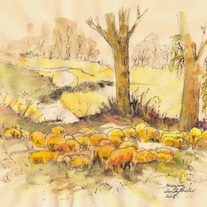 Grazing Sheep Under Trees, Sheep Art Print, Country Wall Decor, Sheep Wall Decor, Farm Wall Decor, Grazing Sheep Art, Sheep Watercolor