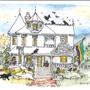 Cat Art Print, Cat Art Print, Victorian House Art, NOLA Flag, Black Birds, Black Bird Art Print