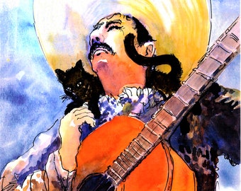 Black Cat Guitarist Art Print: Watercolor Musician Wall Decor