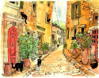 Black Cats In A Small Italian Village, Black Cat Art, Italian Art, Italian Wall Decor, Cat Wall Art, Italian Village Art, Cat Art