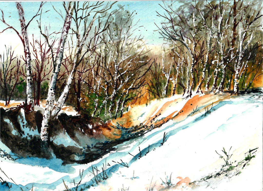 Snowy Forest Watercolor Art Print: Winter Countryside Scene - Etsy