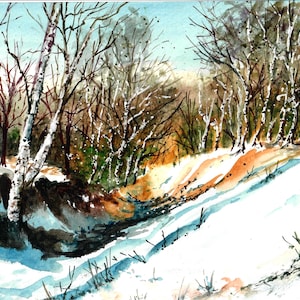 Snowy Forest Watercolor Art Print: Winter Countryside Scene