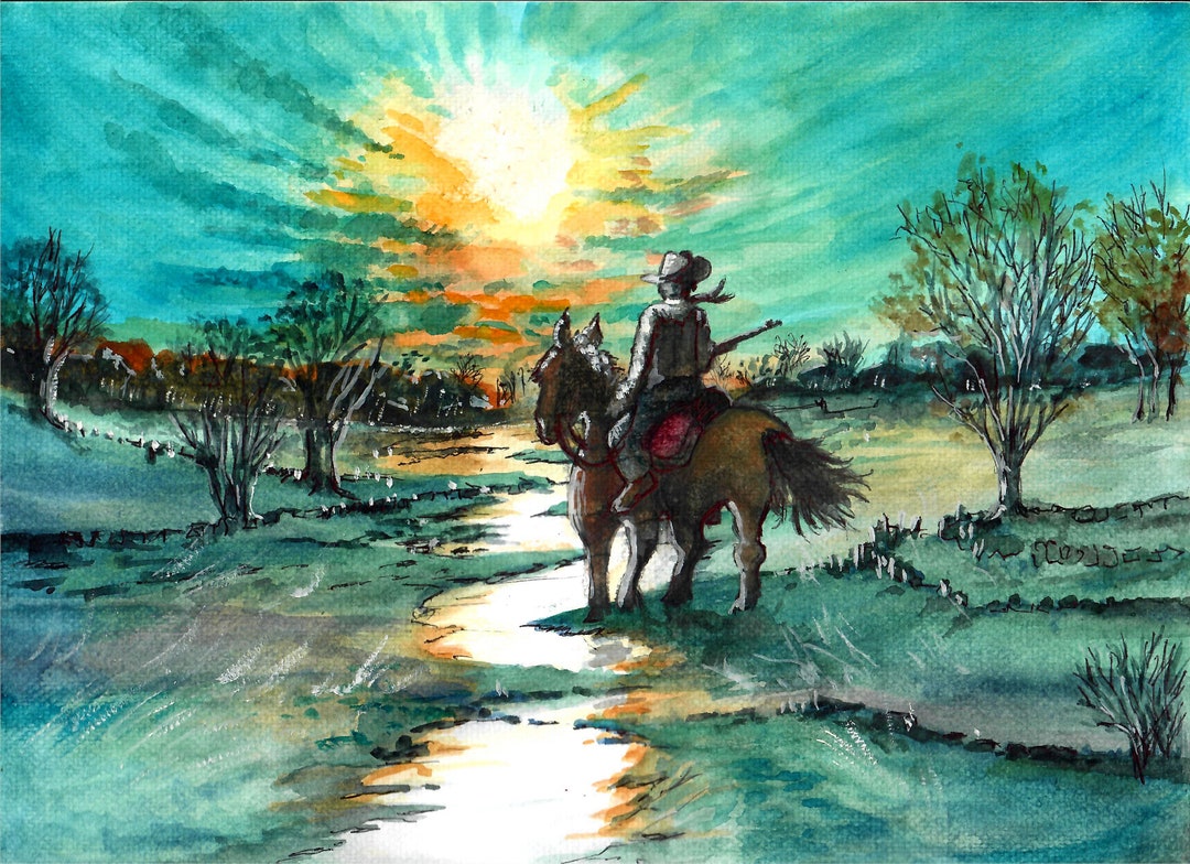 Cowboy Watching A Sunset, Cowboy Art Print, Sunset Art Print, Cowboy