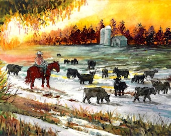 Cowboy and Angus Cattle Watercolor Art Print: Western Farm Sunset