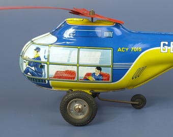 Vintage Marke Technofix U.S. Zone Germany Tin Litho Wind-Up Helicopter Toy GE-273 ACY 7015 - Works but Missing Two Blades