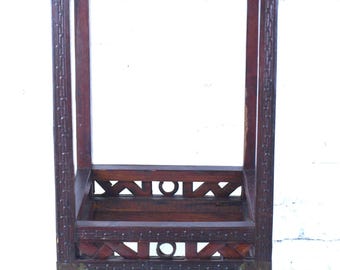 Vintage Chinese Chippendale style Hand-carved Mahogany, Bamboo & Rattan table, 28" H, 11.5" W and 11.5" D | Plant Stand or Occasional Table