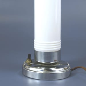 Vintage Art Deco Milk Glass & Chrome Boudoir Table Lamp - Torpedo / Skyscraper / Bullet Bedside Lamp Night Light - 9.75&quot; - Great Condition