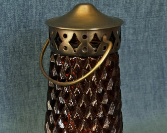 Vintage Hong Kong Oil Lantern with Amber Brown Diamond Point Pattern Glass - Lighthouse Spire Shape