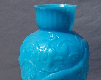 Large Asian Meiping Vase - Semi Opaque Cerulean Blue Art Glass with Embossed Tropical Birds - Peacock, Heron, Cranes & Pheasants