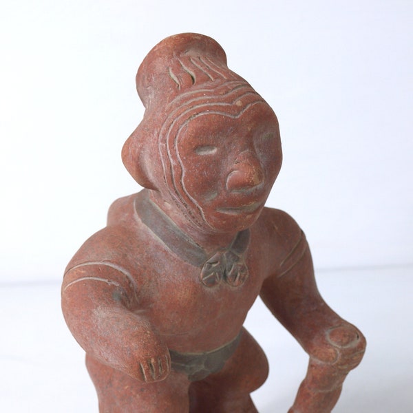 Vintage Shaman Maya / Aztec Figure Clay Statue Made in Mexico - 10" tall - Red Ochre Terracotta Folk Art Pottery - Pre-Columbian Design