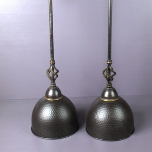 Quality Metal Pendant Dome Ceiling Lights with a Hand Hammered Antique Rubbed Bronze Finish with White Interior – Set of 2