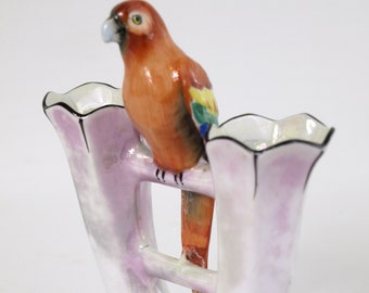 Antique Art Deco Noritake Double Bud Vase with Parrot, Lilac and Pearl Lusterware - Made in Japan - Circa 1920's - Very Good Condition