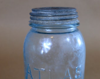 Antique Atlas Strong Shoulder Aqua Blue Mason Jar Quart #5 with Zinc Lid Circa 1910's