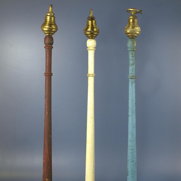 Three Antique Patriotic Americana Tall Turned Wood Table Oil Lamps - 30" tall - Red, White and Blue Rustic Decor for Parts or Repairs