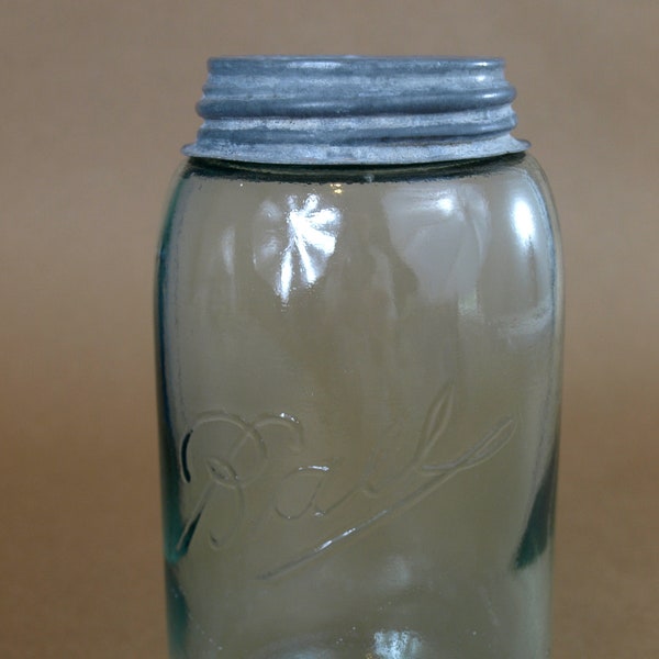 Vintage Aqua Blue Glass Ball Quart Sized Mason Jar with Zinc Lid Circa #5 1923 to 1933