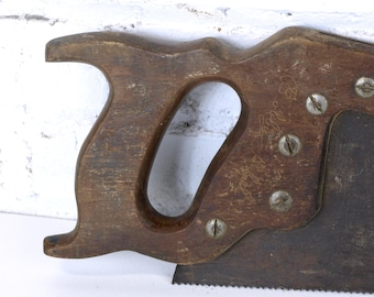 Vintage H Disston & Sons Phila Crosscut Hand Saw with Carved Wood Handle - 22" Long Blade - Good Condition