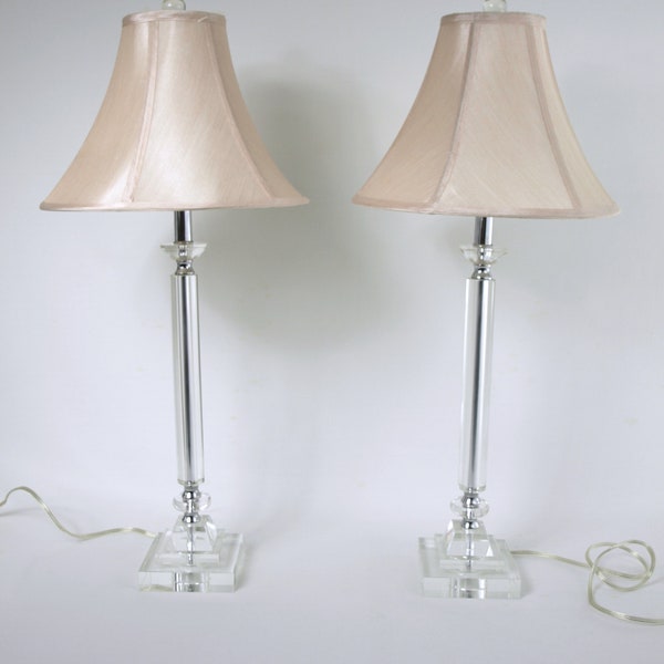 Vintage Pair of Solid Glass Buffet Table Lamps w/ Vintage Fabric Bell Shades - 2 Table Lamps - Classic Style and In Working Condition