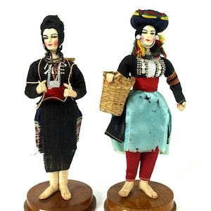 Vintage Pair of Cheingmai Dolls from Thailand - Circa 1950s - Original Wooden Stands & Labels - Asian Decor - Thai Folk Art - Good Condition