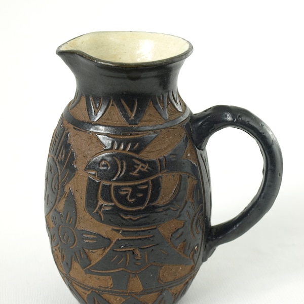 Vintage Japanese Earthenware Pitcher - Okinawa, Japan - Yachimun Hand Carved Pottery Pitcher - 6" Tall and Lovely