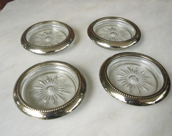 Sterling and Glass Vintage Signed Sterling Circa Modernist Kitchen Rimmed Glass Coasters Service Plate with Sterling Rim Hollowware HST