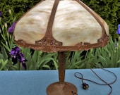 Antique Art Nouveau Table Lamp with Large Curved Slag Stained Glass Shade - Works
