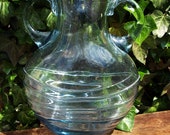 Hand Blown Glass Double Handle Jug Urn Vase Blue Tint Clear Glass with Flattened Sides with Applied Threading