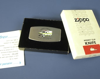Vintage Zippo Money Clip Knife Liberty Fire Co 11 Station 112 in East Berlin, PA in Original Box c. 1990's NOS Excellent Cond 2" L x 1.25" W