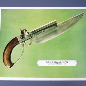May include: An image of an Elgin Cutlass Pistol, U.S. Navy Model 1837. The pistol features a large, curved blade attached to a metallic frame with a wooden handle. The background is a light green color.
