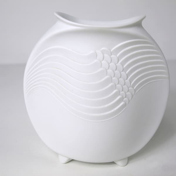 Vintage Kaiser White Bisque Porcelain Footed Vase w/ Ocean Waves, Circa 1970's - Designed by Martin Frey w/ AK Kaiser, West Germany - VG