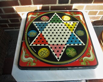 Vintage Chinese Checkers by Pressman Toy Corp Hop Ching Pressed Tin Steel Litho. No. 2253 – Board Only