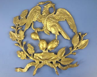 Vintage Large Brass Mexican Coat of Arms Wall Plaque, Heavy Cast Bronze Eagle Snake Cactus Emblem, Escudo Nacional de México Decor, 13.5"