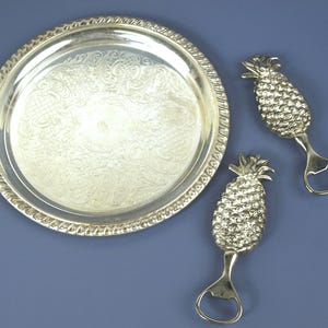 Vintage Leonard Silver Plate Serving Tray and Two Silver Plated Pineapple Shaped Bottle Openers