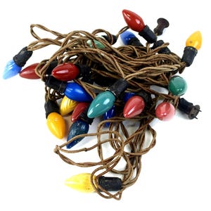 Vintage Retro Christmas C9 String Lights Glass Colored Bulbs - 1 Strand - circa 1950&#39;s - Bakelite Plug & Sockets Rope Wiring - Tested Works