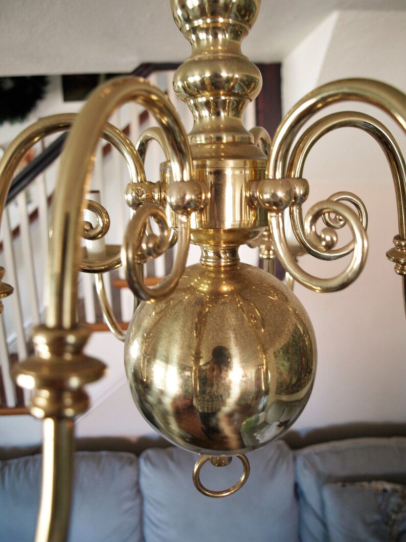 Vintage Dutch Flemish Brass 6 Arm Incandescent Chandelier