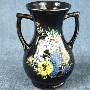 Vintage Black Noritake China Redware Moriage Pottery Vase with Double Handles and Floral Pattern with CM Trade Mark - Made in Japan
