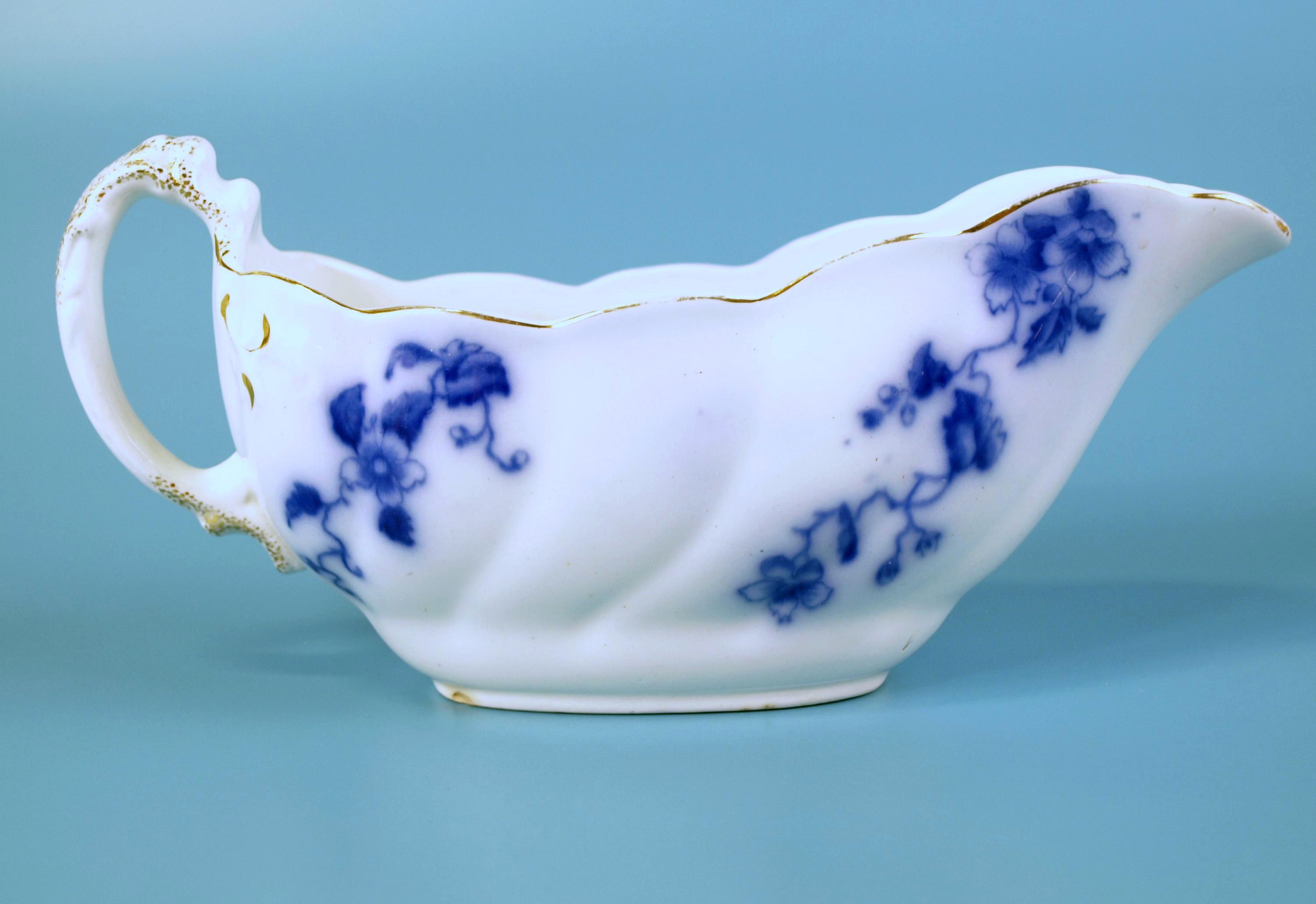 Antique W.H. Grindley Flow Blue Duchess Pattern Gravy Boat W/ Gold