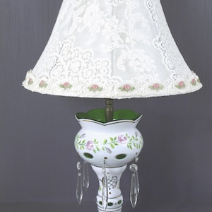 Mid Century Vintage Czech Bohemian Glass Lamp, White Cased Green Glass w/ Crystal  Drops & Custom Made Lamp Shade - VG Working condition