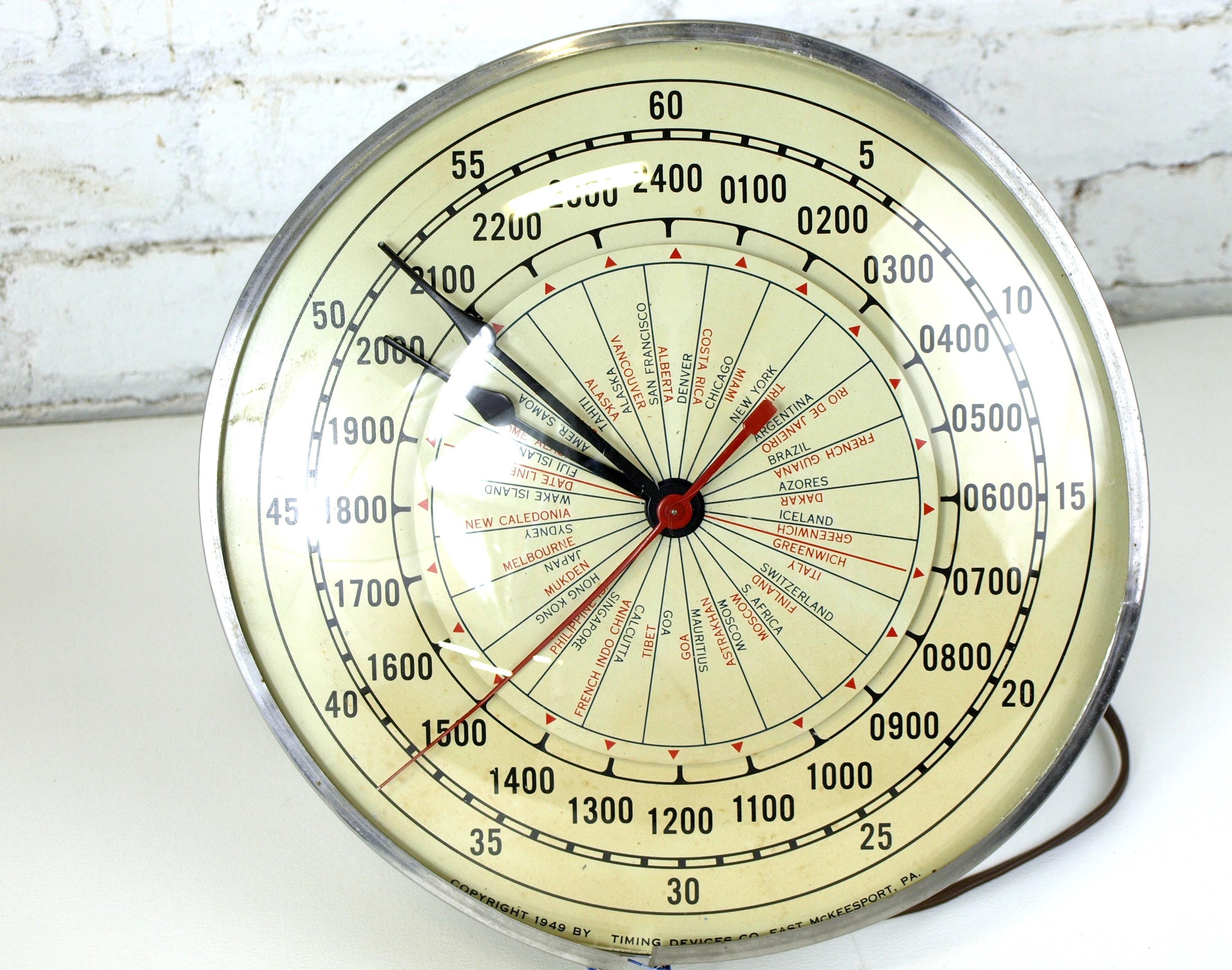 Vintage 1949 Timing Devices Company Military Time World Wall Clock