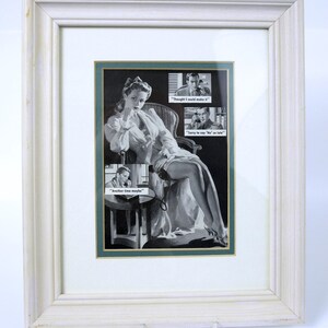 Puede incluir: Impresión vintage enmarcada con una imagen en blanco y negro de una mujer en bata, sentada y sosteniendo un auricular telefónico. La impresión incluye tres imágenes más pequeñas de un hombre al teléfono, con texto: "Another time maybe", "Thought I could make it", y "Sorry to say 'No' so late".