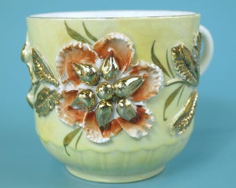 Antique Victorian "Bertha" Porcelain Tea Cup Vanity Mug with Raised Textured Floral & Gold Trim, ca 1890s in Good Plus condition