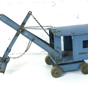 Vintage Original Structo Toys Construction Co Pressed Blue Steel Steam Shovel Excavator Moving Shovel with Wood Wheels circa 1930's