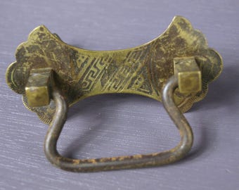 Antique Brass Art Deco Cabinet / Drawer Pull Drop Handle with Eastern Fan Design - 2" center-to-center - Furniture Restoration Hardware