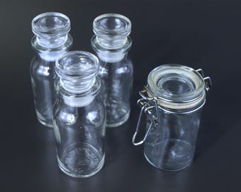 Vintage Clear Glass Spice Jars Lot of 4 – Mismatched Apothecary Bottles with Stoppers & Swing-Top Wire Bail Jar – Cottagecore, Craft Destash